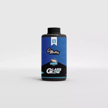 Image of a product bottle labeled 'Glass Glow,' a premium glass cleaner for a sparkling finish.